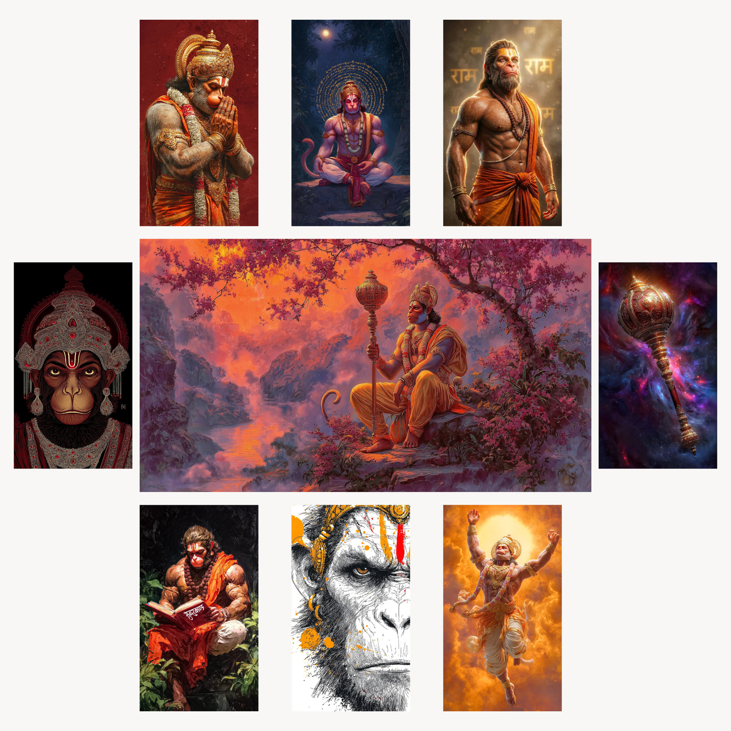 Unleash Divine Strength – Lord Hanuman 9-Poster Power Pack | Sacred Bajrangbali Wall Art for Protection, Courage & Positivity