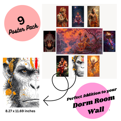Unleash Divine Strength – Lord Hanuman 9-Poster Power Pack | Sacred Bajrangbali Wall Art for Protection, Courage & Positivity
